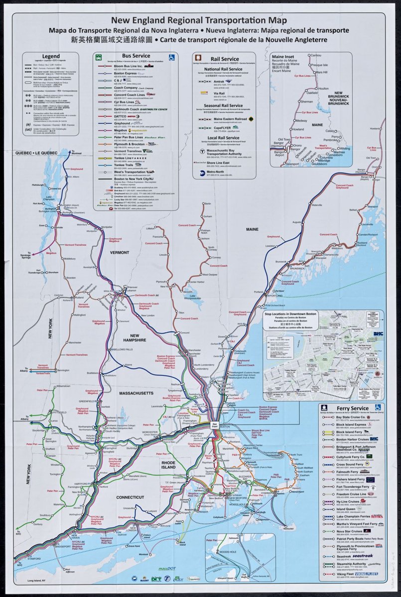 New England regional transportation map = Mapa do transporte regional da Nova Inglaterra = Nueva Inglaterra, mapa regional de transporte = Carte de transport régionale de la Nouvelle Angleterre = 新英格蘭區域交通路線圖
