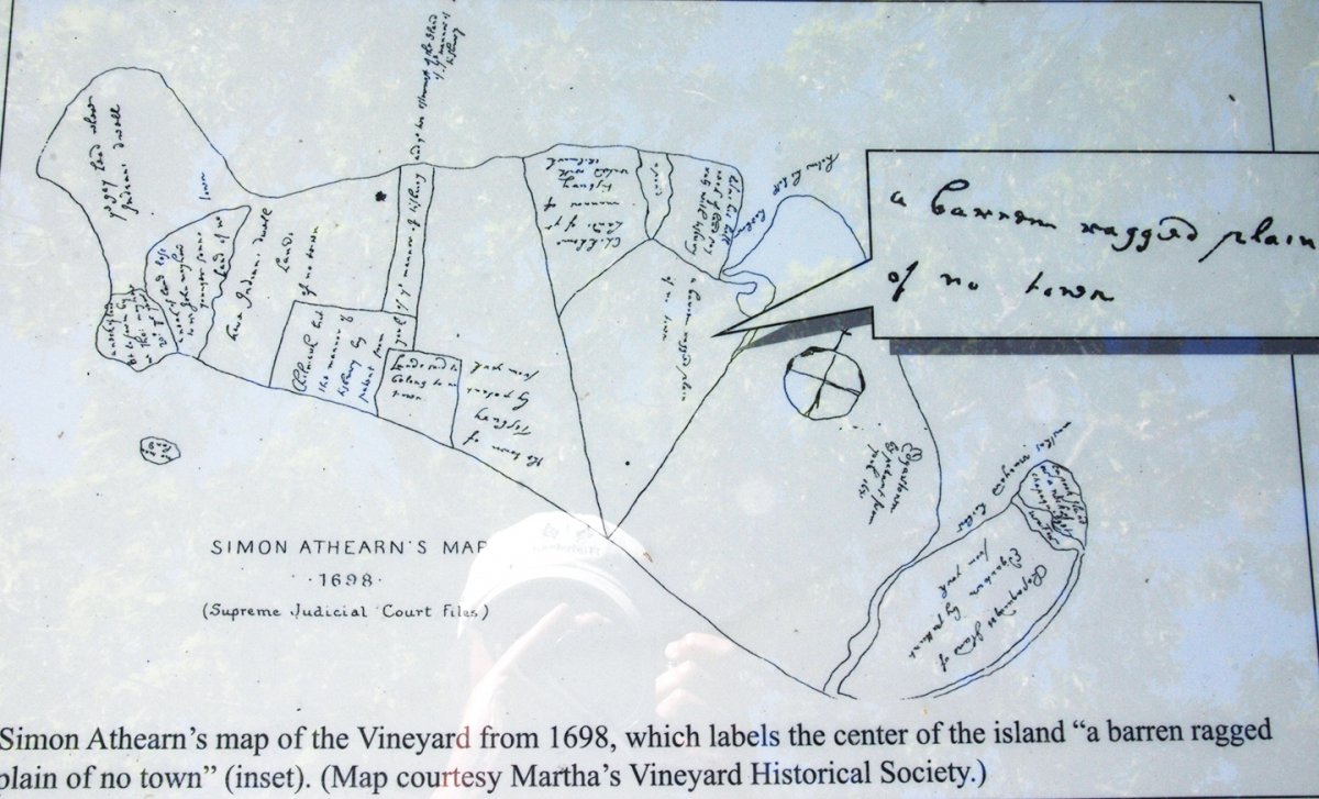 Photograph of a display copy of Simon Athearn’s annotated Martha’s Vineyard map of 1698
