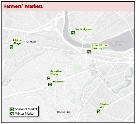 Official MassGIS farmers’ markets sample map showing the Boston and Brookline area.