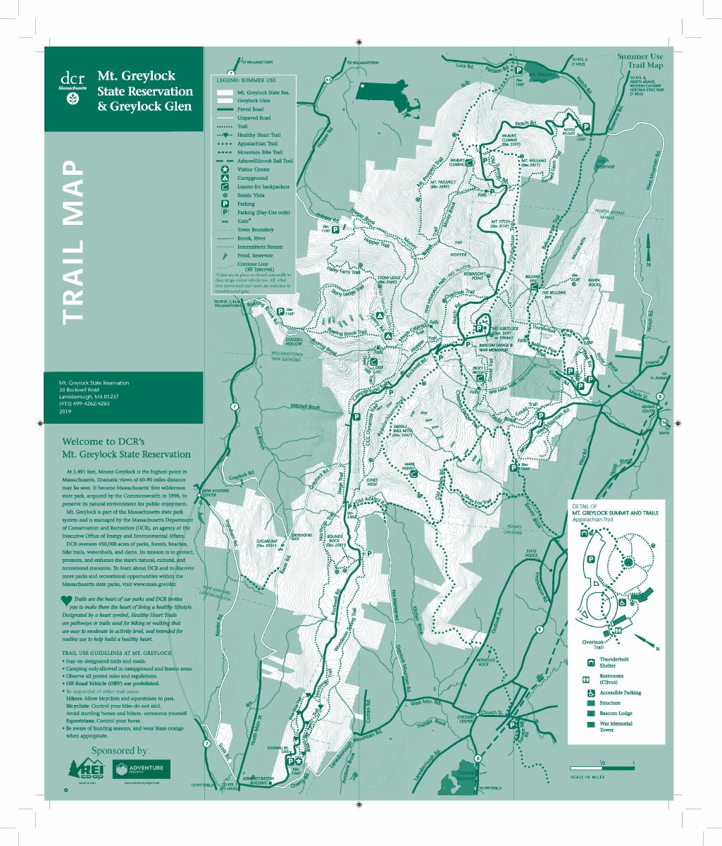 Summer-use sheet of the Mount Greylock State Reservation and Greylock Glen trail map, 2019 (PDF page 1).