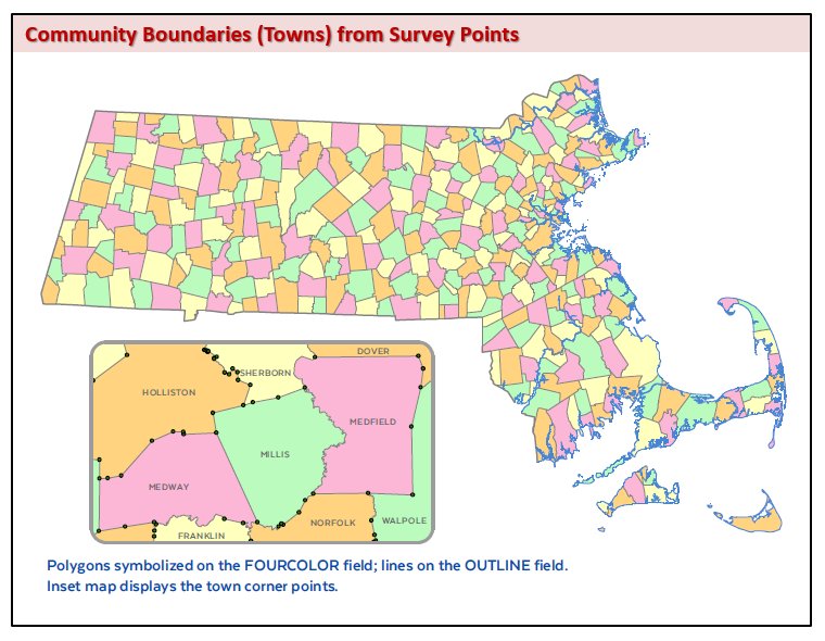 Official statewide town-boundary sample map, with an inset illustrating survey boundaries.