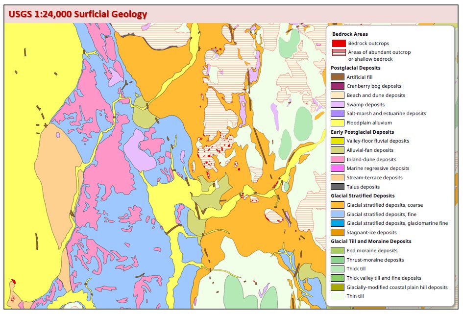 Official local sample of USGS 1:24,000 surficial geology, with the original geology legend.