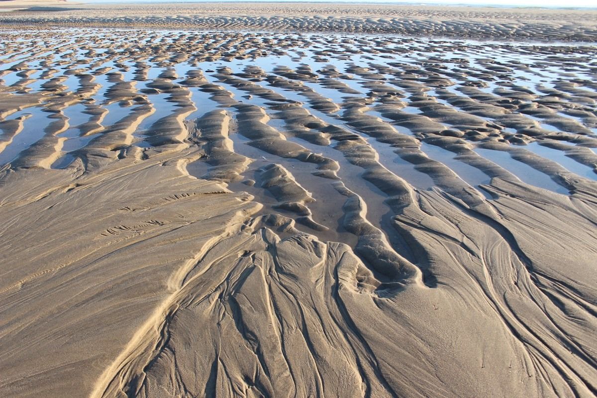 Low tide reveals long rippled ridges of wet sand and shallow water at Cape Cod.