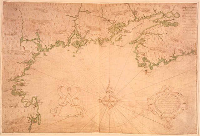 Hand-drawn coastal chart with trees, islands, compass lines, and settlements from Nova Scotia to Cape Cod.