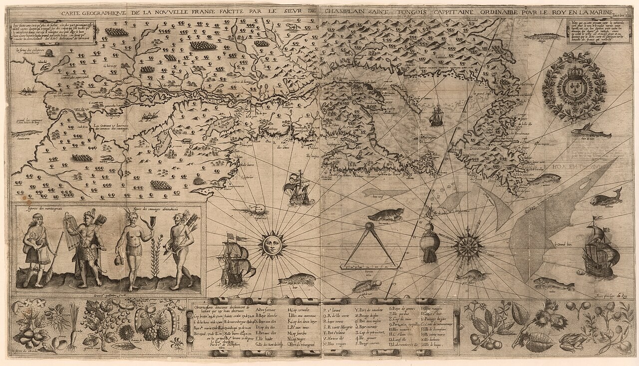 Wide map of New France with rivers, coastlines, ships, a compass, plant drawings, and four Indigenous figures.