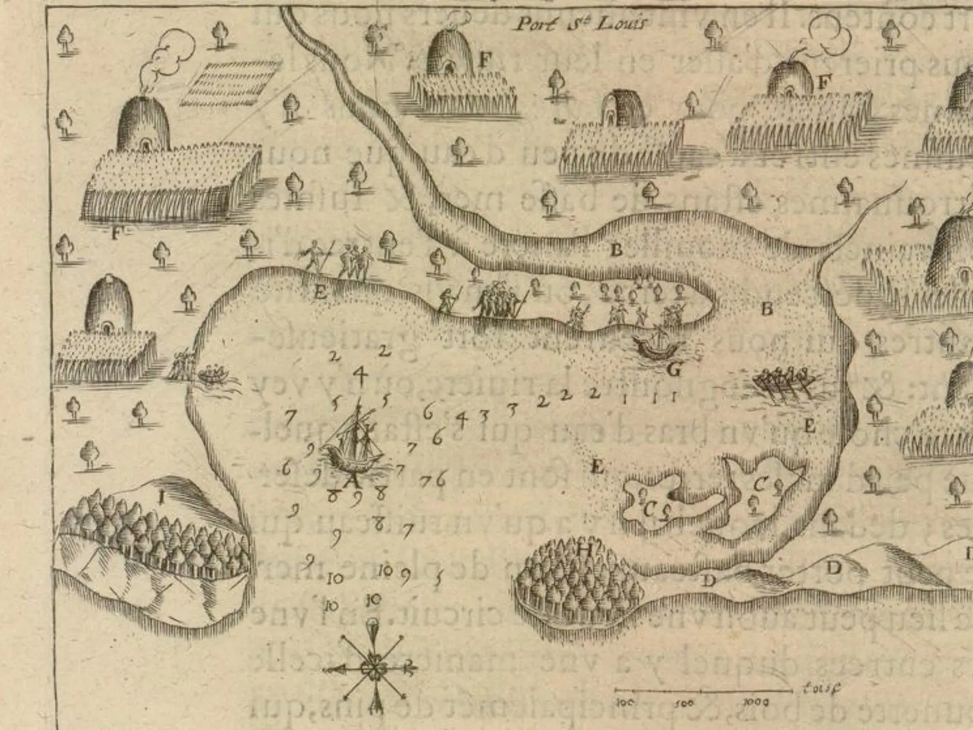 Harbor plan with small houses, cultivated fields, boats, people, and numbered water depths.