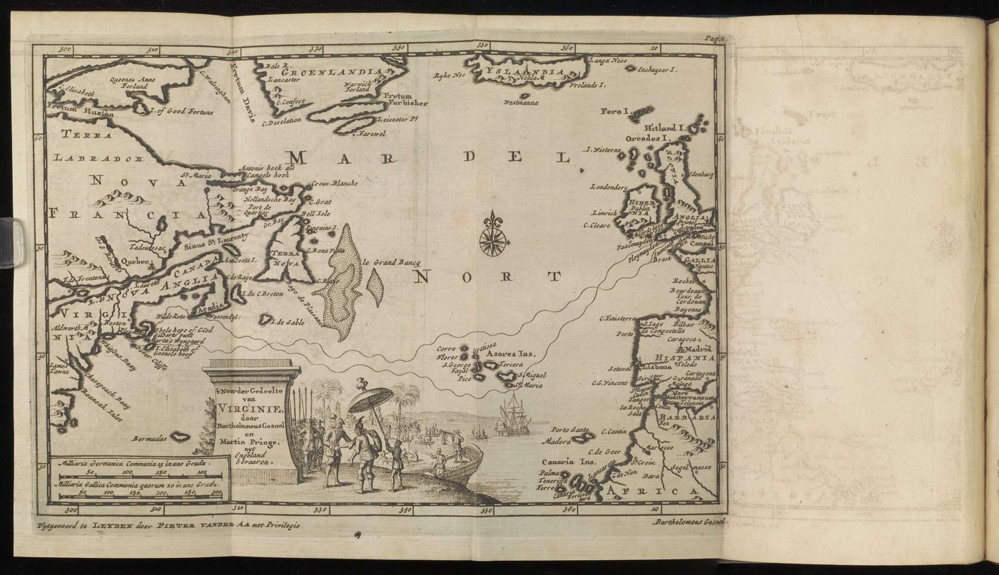 Dutch map of the North Atlantic and northeastern North America, with a dotted sailing route and an imagined meeting scene.