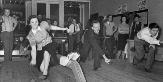 An archival photograph of candlepin bowlers, shared by the International Candlepin Bowling Association.