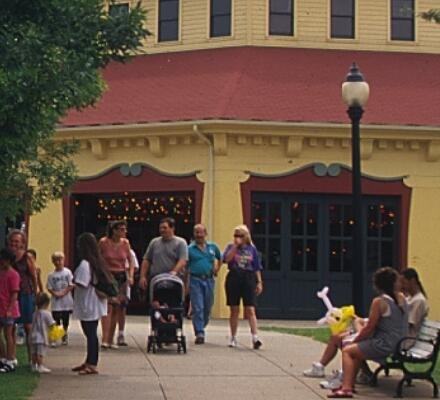 The carousel building and visitors at Holyoke Heritage State Park.