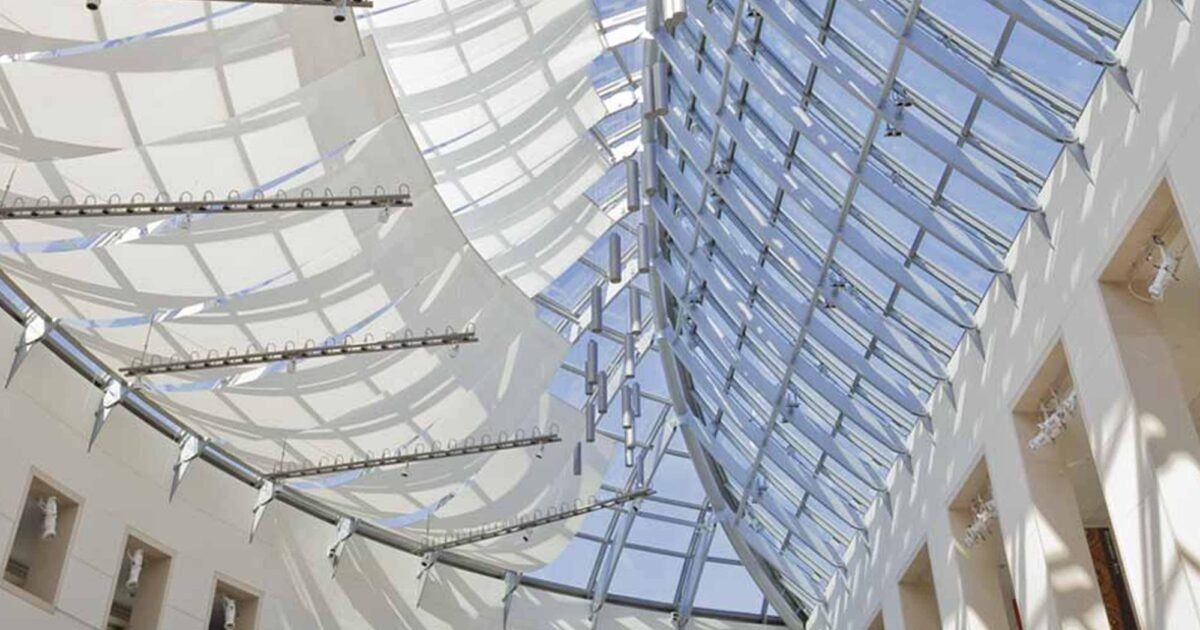 The light-filled atrium and glass roof at the Peabody Essex Museum in Salem.
