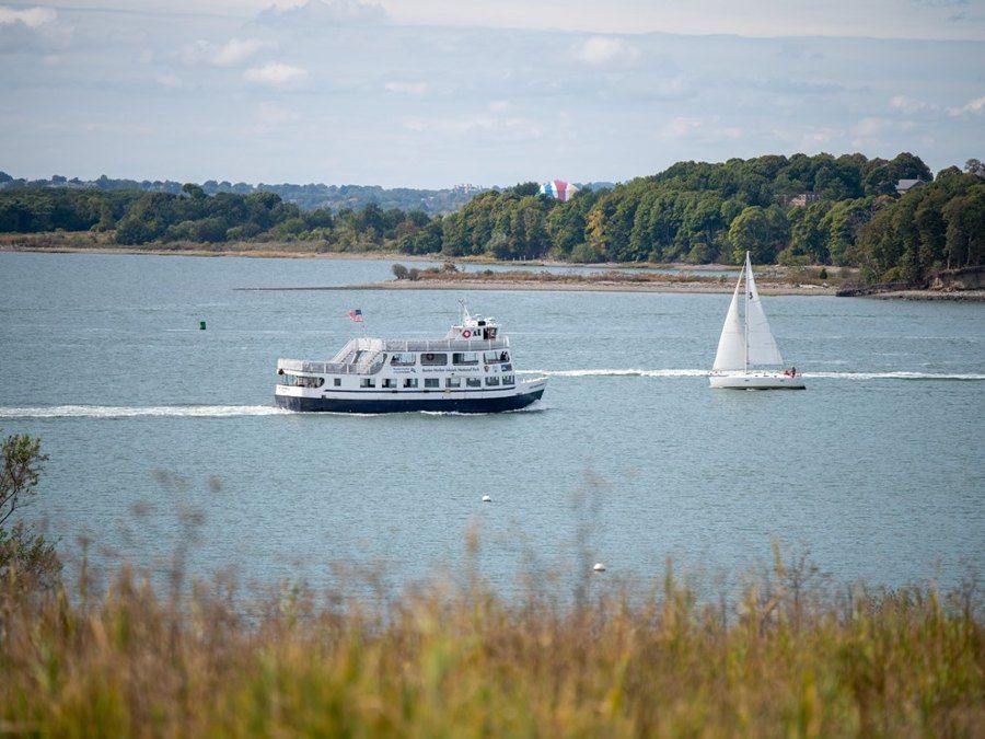 view from Spectacle Island overlooking the water with a public ferry and a sailboat