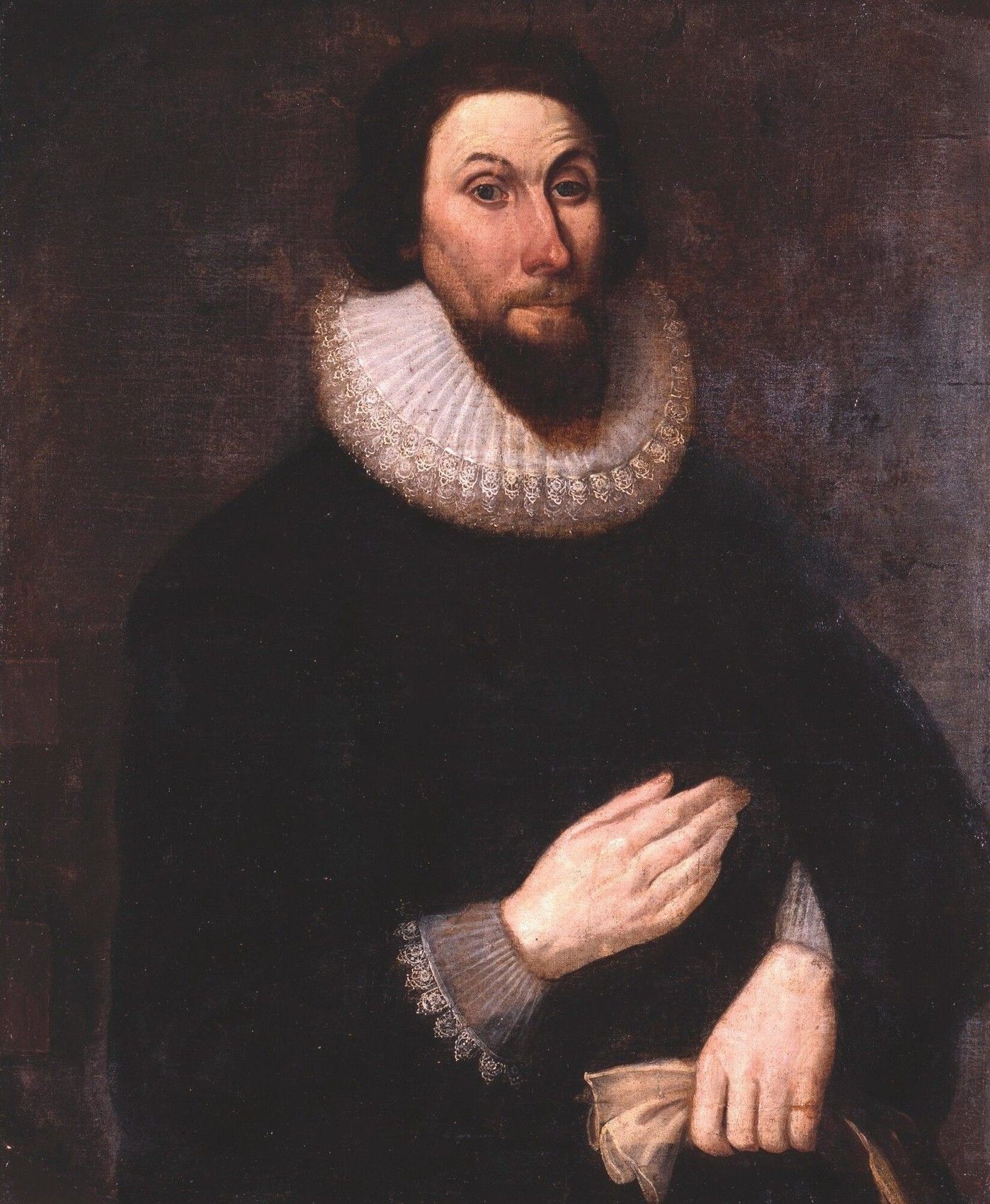 Historical portrait of John Winthrop in black clothing and a white ruff collar